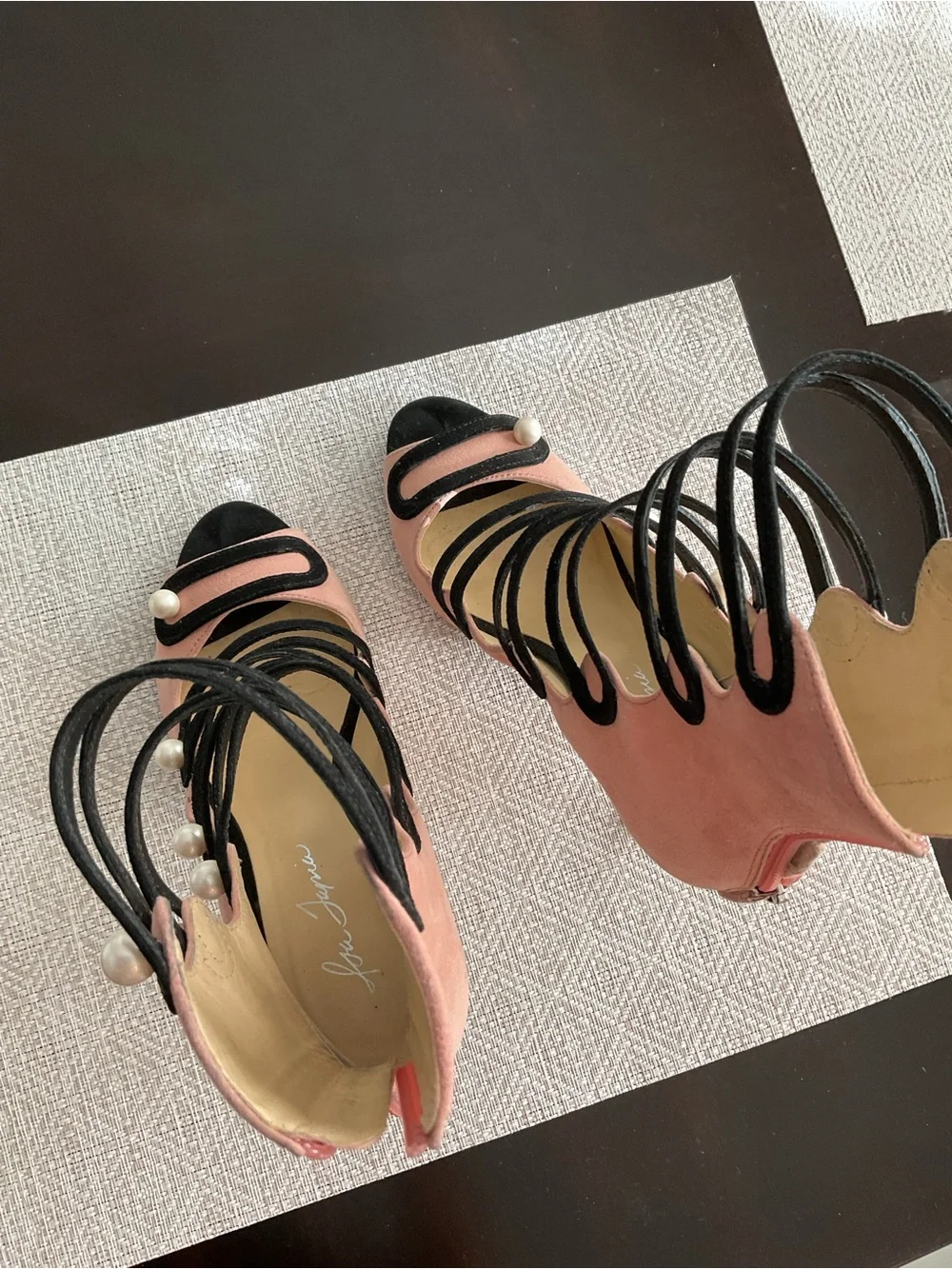 Isa Tapia Pink Suede Pearl‑Embellished High Heel Sandals